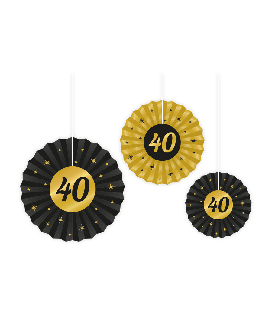 40 jaar Papieren waaier - 3 stuks - 20/30/40 cm - goud en zwart - Classy