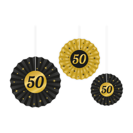 50 jaar Papieren waaier - 3 stuks - 20/30/40 cm - goud en zwart - Classy