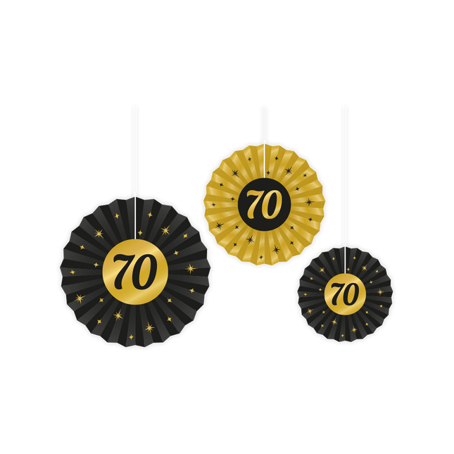 70 jaar Papieren waaier - 3 stuks - 20/30/40 cm - goud en zwart - Classy