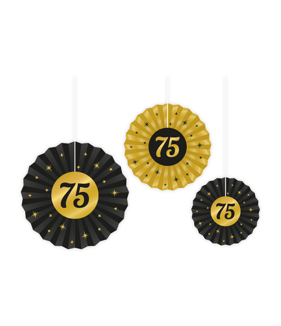 75 jaar Papieren waaier - 3 stuks - 20/30/40 cm - goud en zwart - Classy