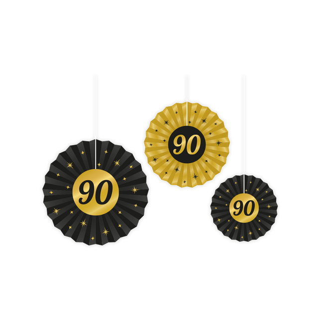 90 jaar Papieren waaier - 3 stuks - 20/30/40 cm - goud en zwart - Classy