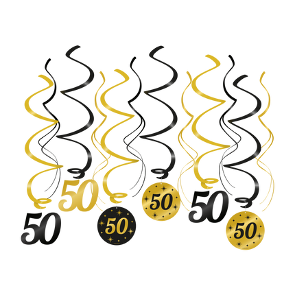 50 jaar Swirl slingers - 6 stuks - goud en zwart - Classy