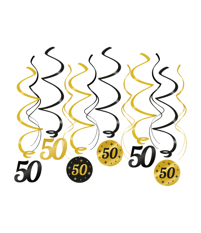 50 jaar getrouwd Swirl slingers - 6 stuks - goud en zwart - Classy