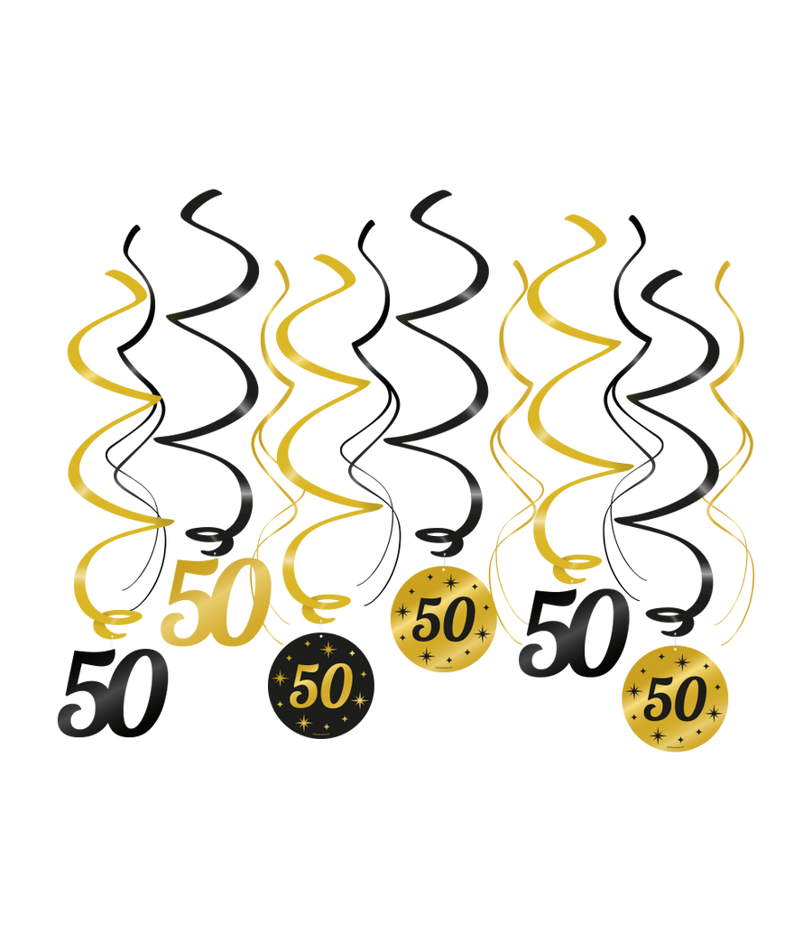 50 jaar getrouwd Swirl slingers - 6 stuks - goud en zwart - Classy