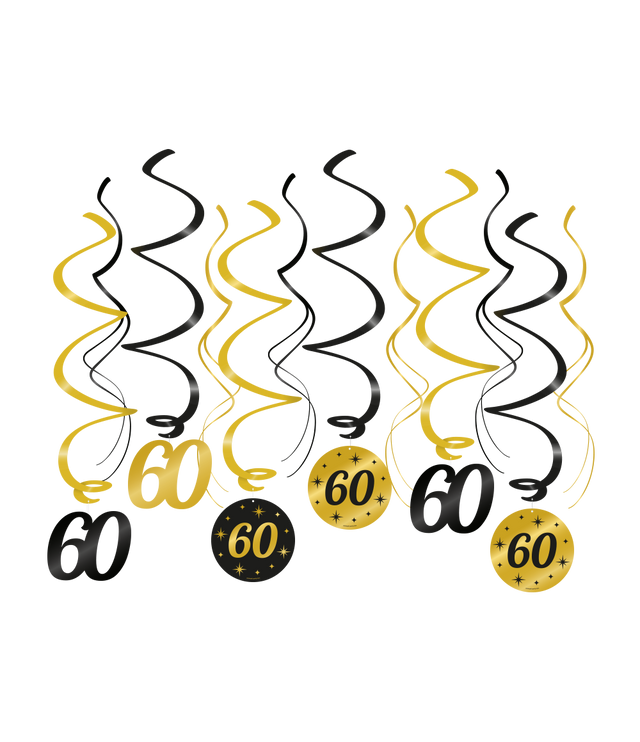 60 jaar Swirl slingers - 6 stuks - goud en zwart - Classy