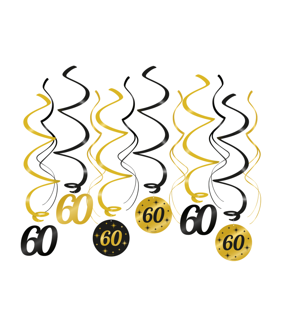 60 jaar Swirl slingers - 6 stuks - goud en zwart - Classy