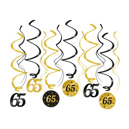 65 jaar Swirl slingers - 6 stuks - goud en zwart - Classy