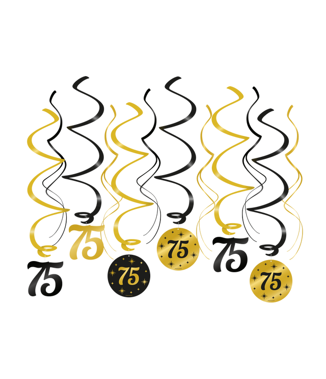 75 Jaar Swirl Slingers - 6 Stuks - Goud en Zwart