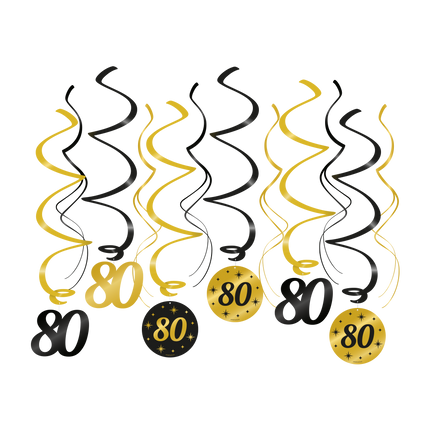 80 jaar Swirl slingers - 6 stuks - goud en zwart - Classy
