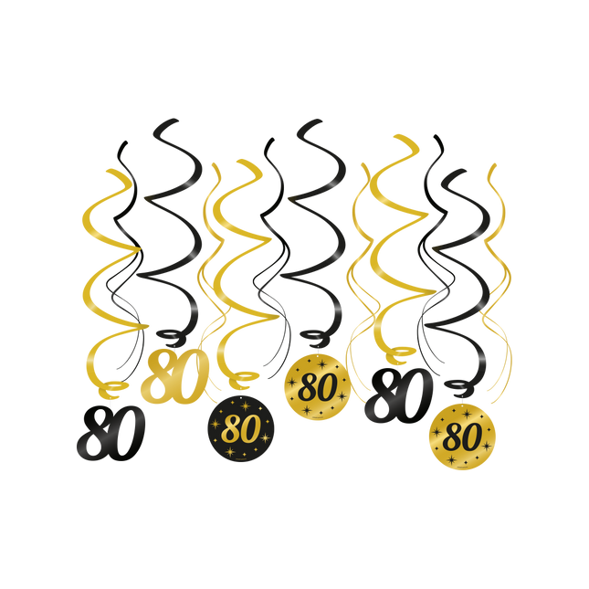 80 jaar Swirl slingers - 6 stuks - goud en zwart - Classy