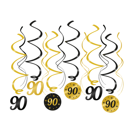 90 jaar Swirl slingers - 6 stuks - goud en zwart - Classy