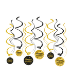 Happy birthday Swirl slingers - 6 stuks - goud en zwart - Classy