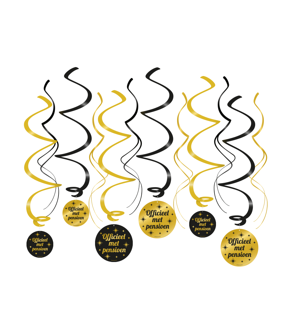 Pensioen Swirl Slingers 6 Stuks Goud En Zwart Classy FeestXL Pensioen Swirl Slingers 6 Stuks Goud En Zwart Classy FeestXL