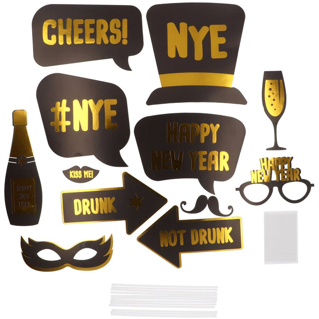 New Year photobooth props - BlackGold HNY - 12 stuks