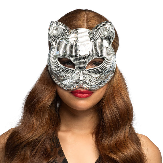 Boland halfmasker Disco cat zilver