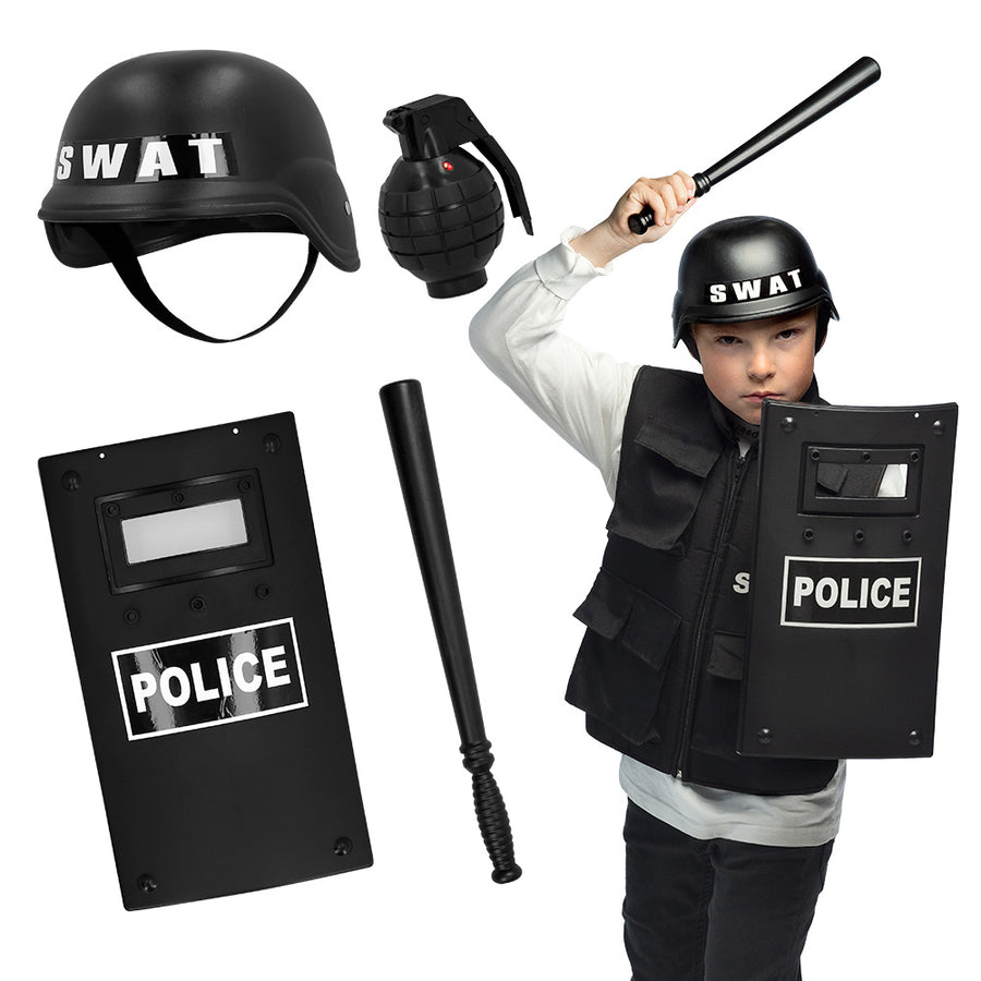 Boland kinderset 'SWAT police' (helm, schild 40 cm, knuppel 40 cm en granaat 8.5 cm)