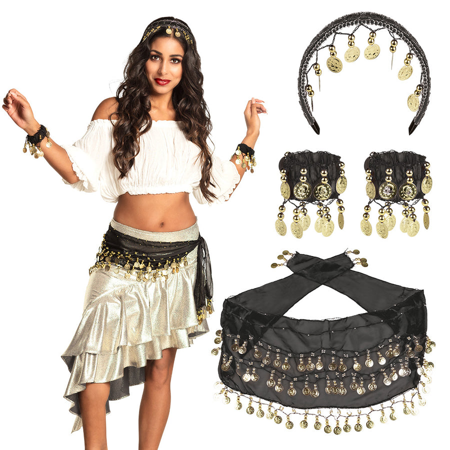 Boland set Belly dance zwart (hoofdband, armbanden en ceintuur)