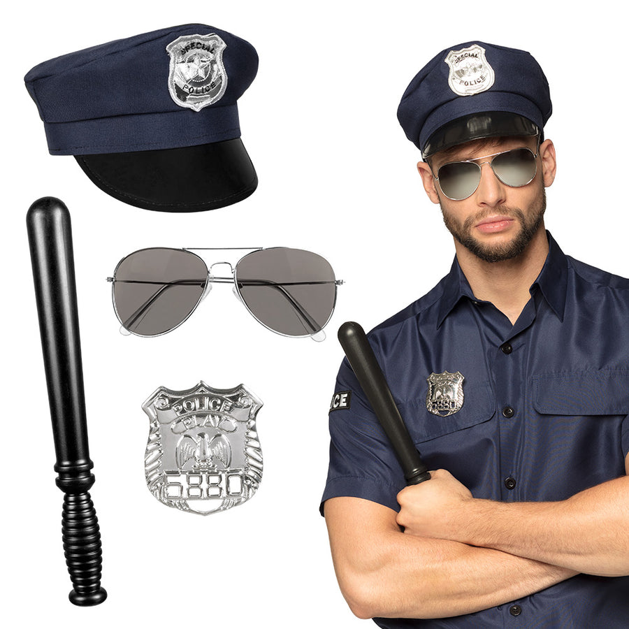 Boland set Politie (pet, partybril, badge en knuppel 33 cm)