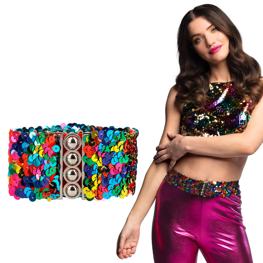 Boland riem Pailletten regenboog (60-110 cm stretch x 5 cm)