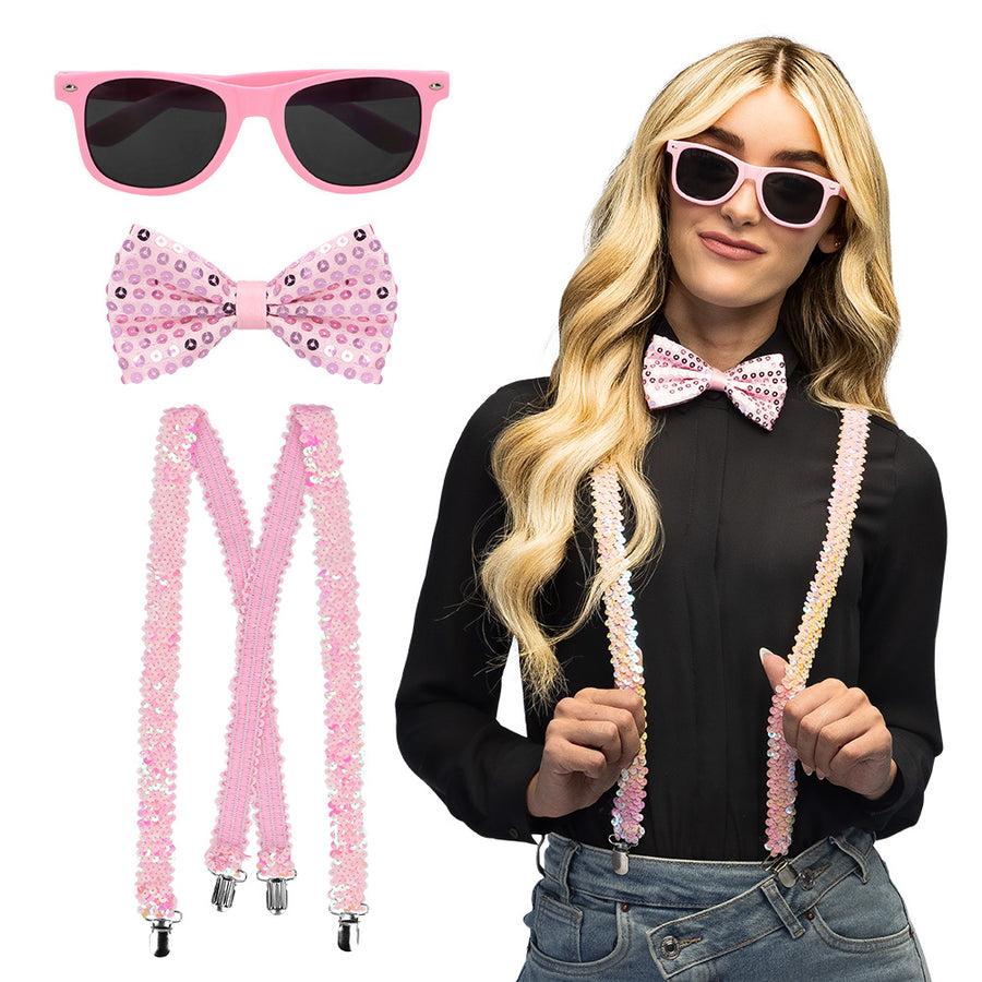 Boland set Pailletten lichtroze (partybril, vlinderstrik en bretels)