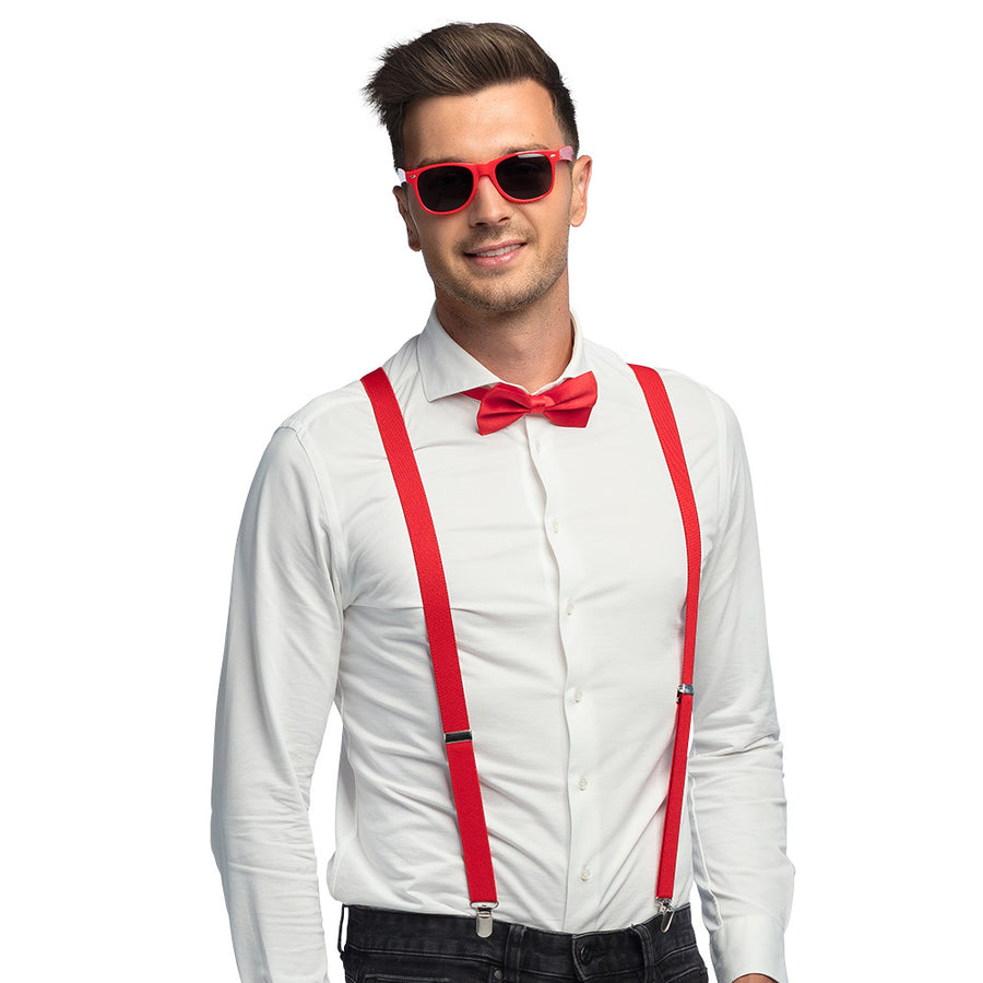 Boland set Classic rood (partybril, vlinderstrik en bretels)