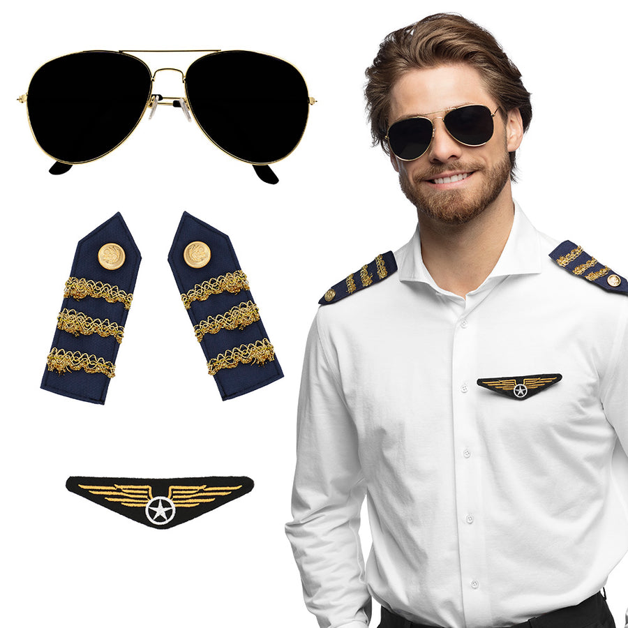 Boland set Piloot (partybril, badge en schouderstukken)