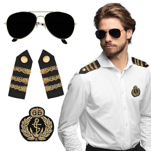 Boland set Kapitein (partybril, badge en schouderstukken)