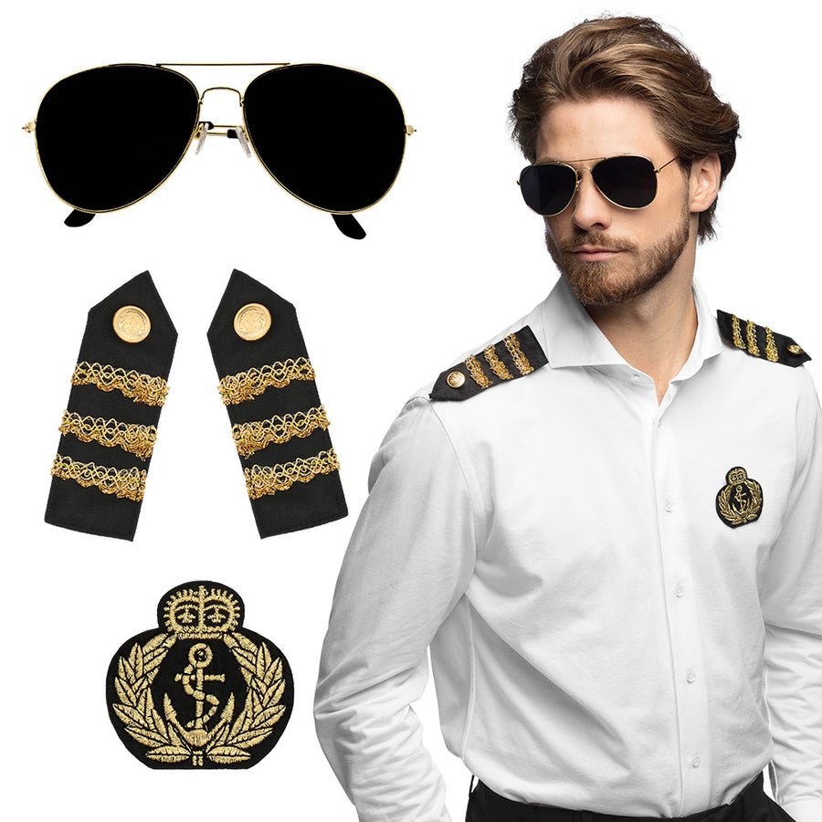 Boland set Kapitein (partybril, badge en schouderstukken)