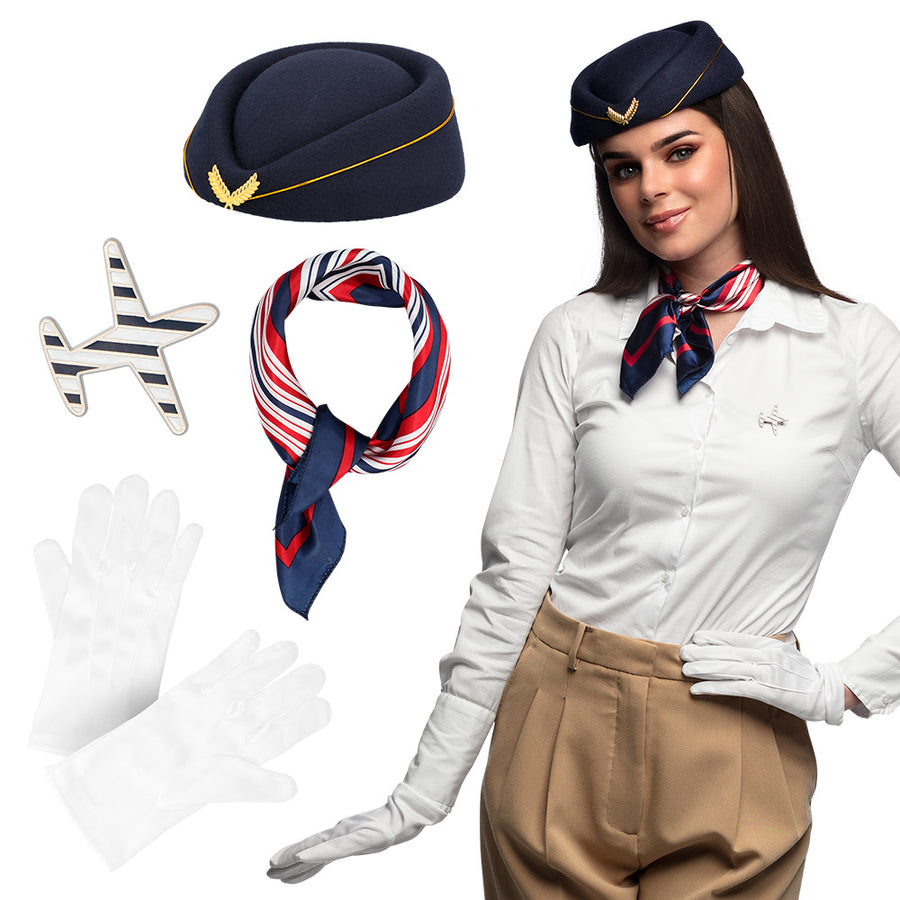 Boland set Stewardess (pet, sjaaltje, handschoenen en broche)