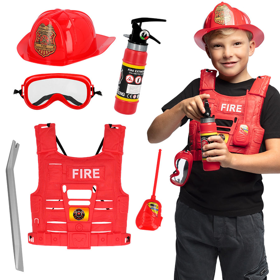 Boland kinderset Brandweerman (helm, vest, veiligheidsbril, walkietalkie, brandblusser, koevoet)