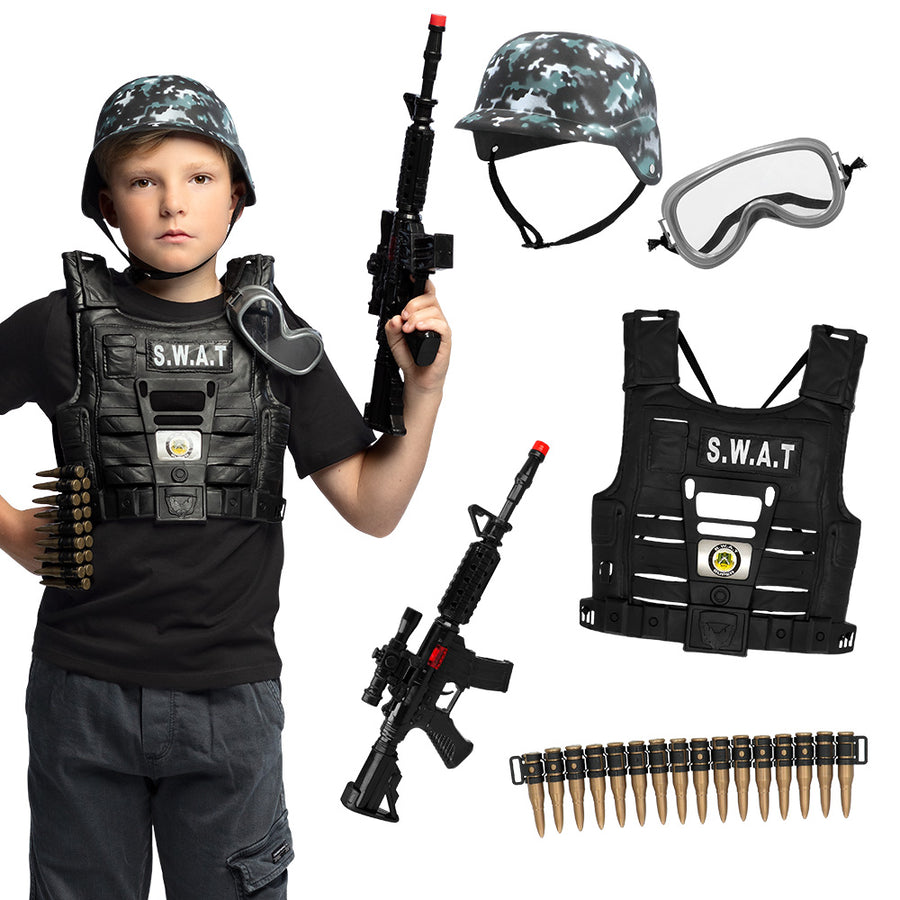 Boland kinderset 'S.W.A.T' (helm, vest, veiligheidsbril, kogelriem, geweer)