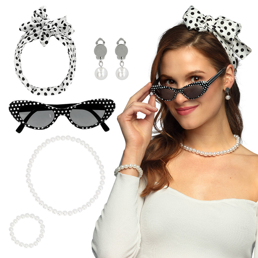 Boland set 50's (sjaal, bril, ketting, armband, oorbellen)