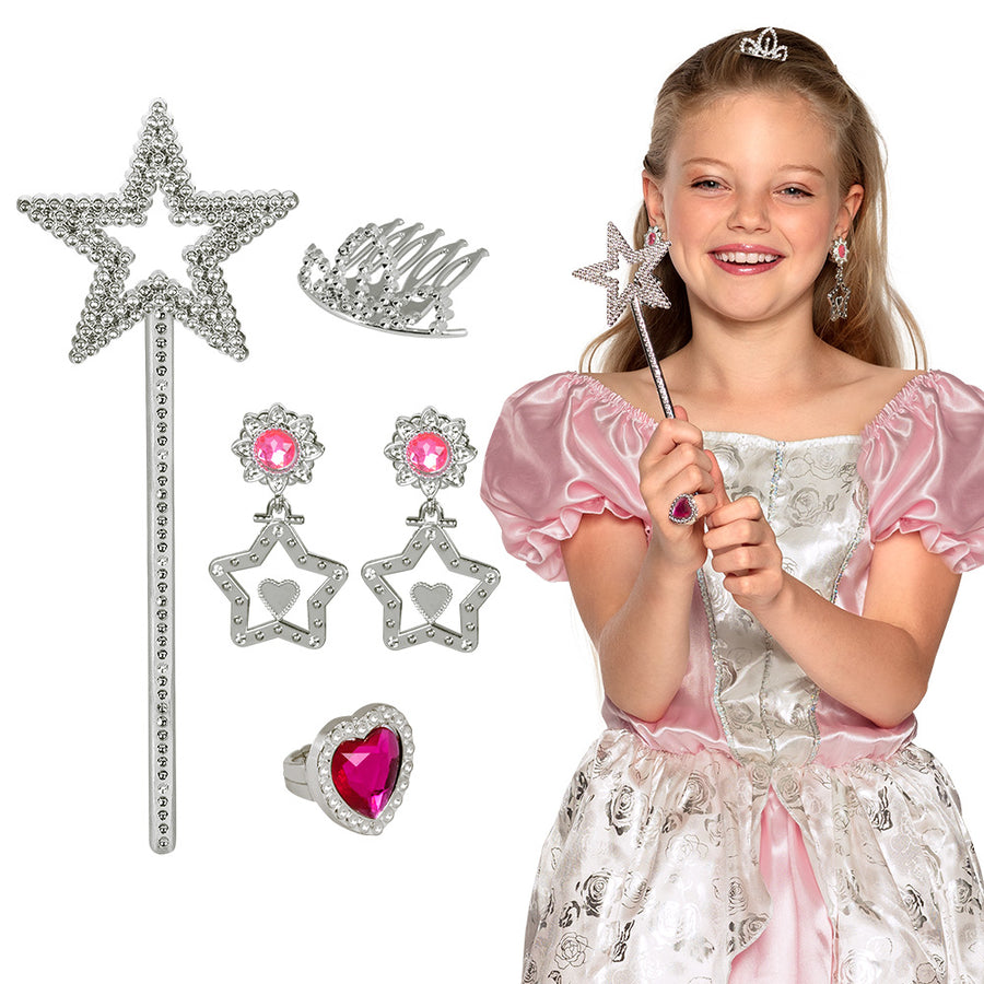 Boland set Prinses (haaraccessoire, 2 oorbellen, ring en toverstafje 21,5 cm)