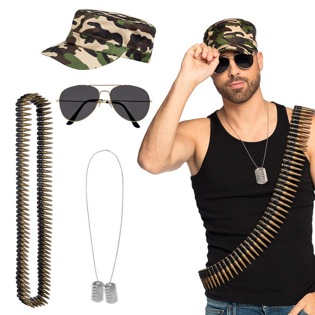 Boland set Soldaat (pet, partybril, ketting en kogelriem)