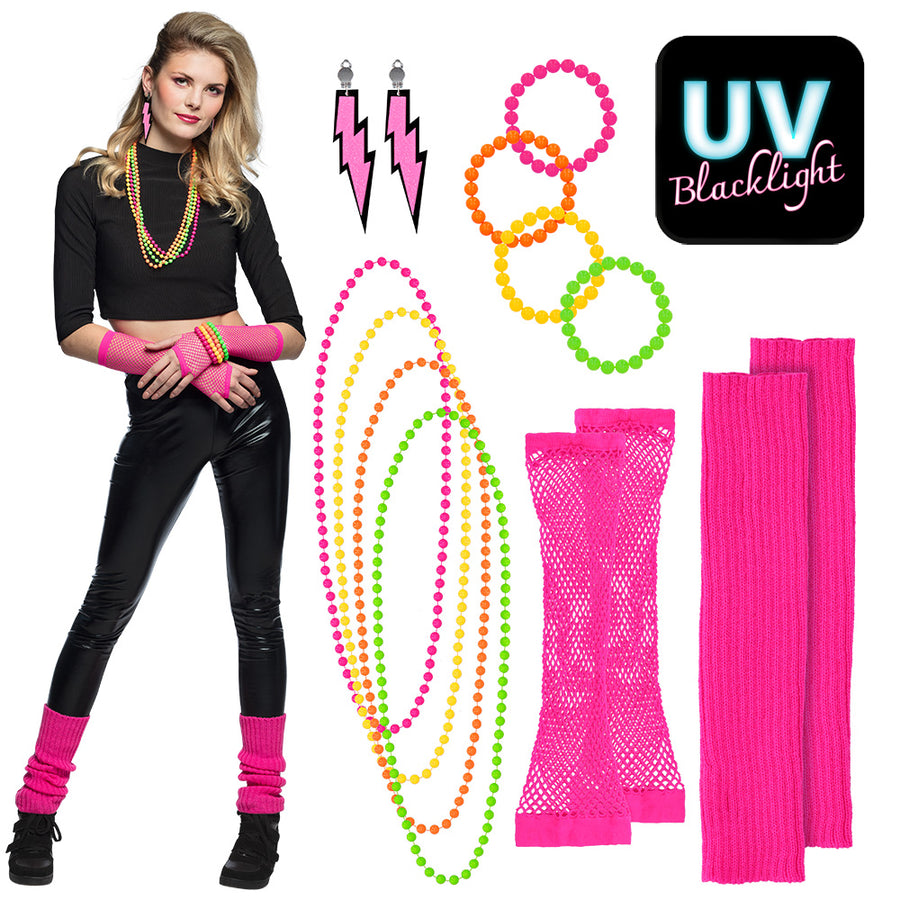 Boland set 80's UV (beenwarmers, armstukken, kettingen, armbanden en oorbellen)