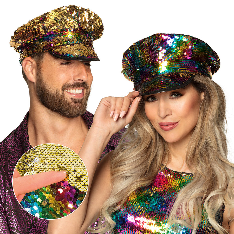 Boland kapiteinspet Rainbow switch (omkeerbare pailletten regenboog/goud)