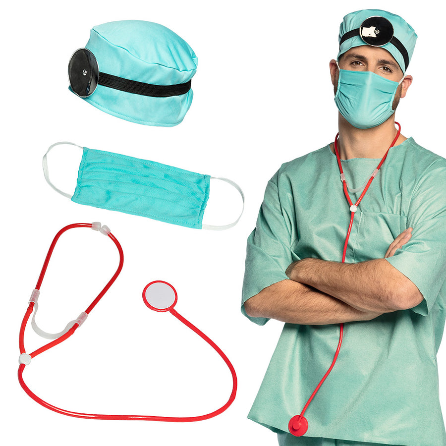 Boland set Dokter (kapje, hoofdband met frontale reflector, mondkapje en stethoscoop)