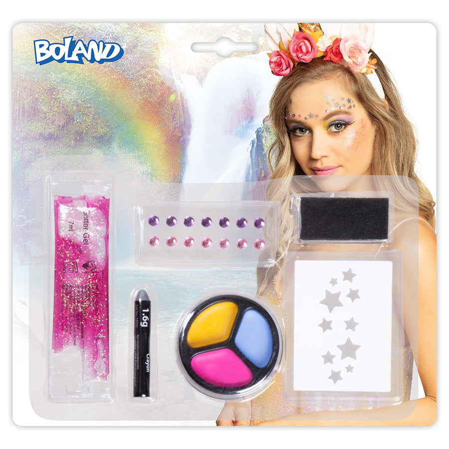 Boland schmink kit Eenhoorn (stencil sterretjes, strass steentjes, vetschmink, glittergel en spons)