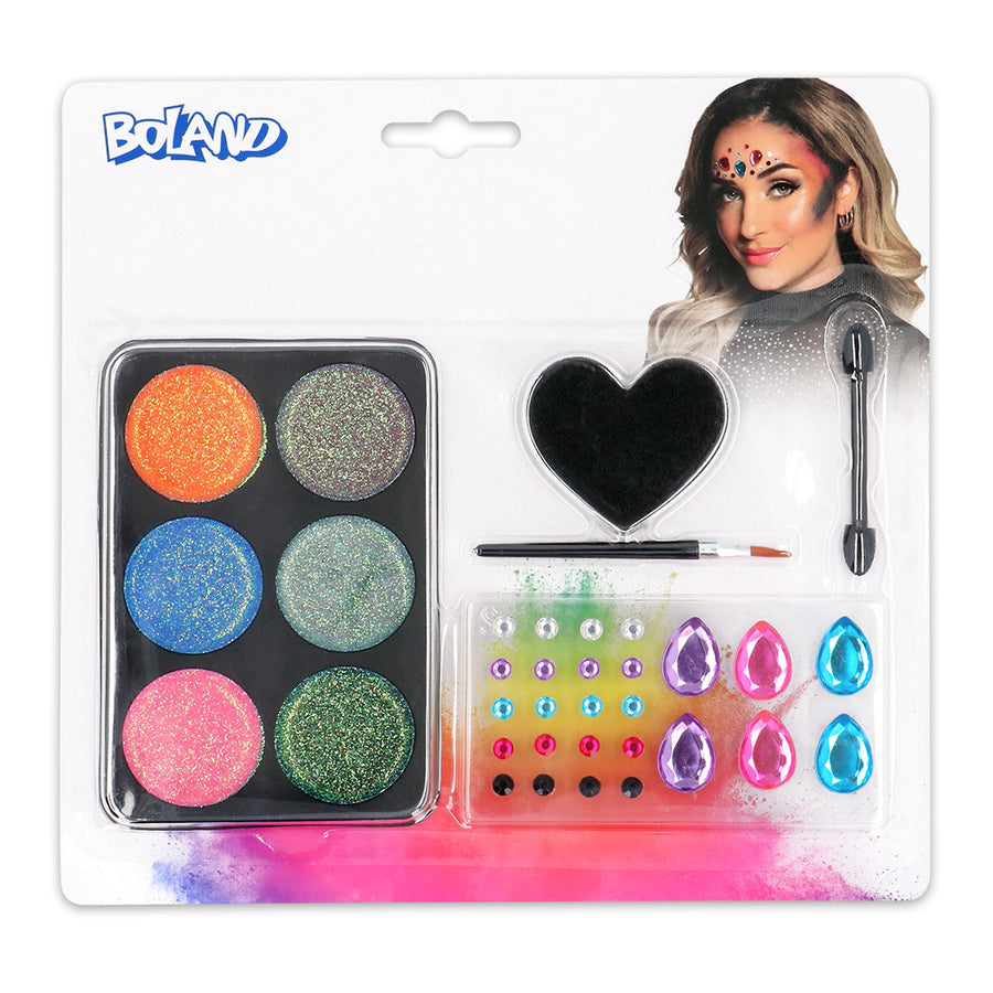 Boland schmink kit Glamour (strass steentjes, glitter schmink, sponsje, dubbele applicator, kwastje)