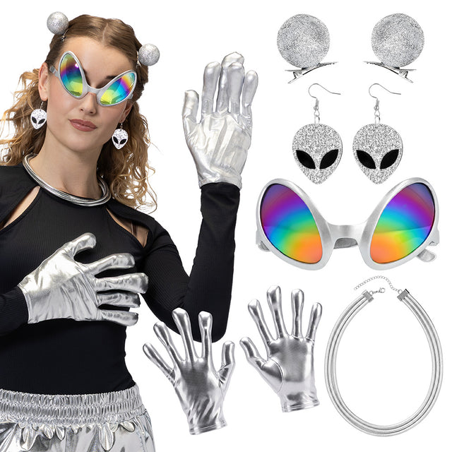 Boland set Galactic alien (partybril, ketting, handschoenen, oorbellen en haarclips)