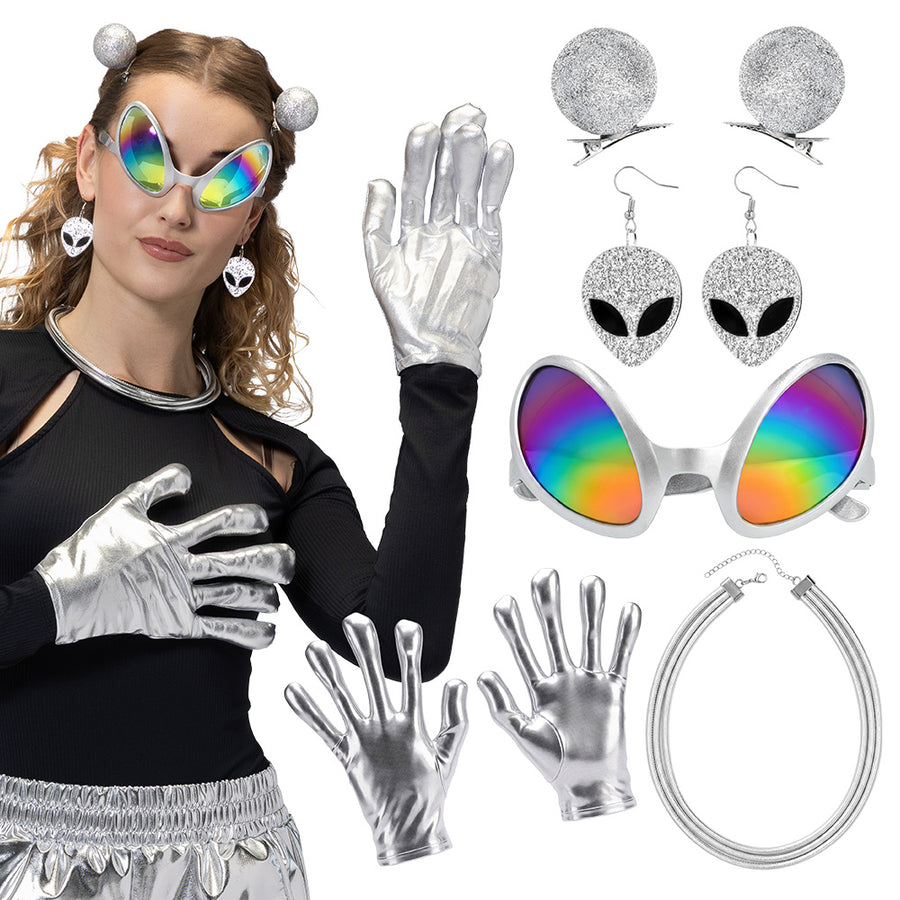 Boland set Galactic alien (partybril, ketting, handschoenen, oorbellen en haarclips)