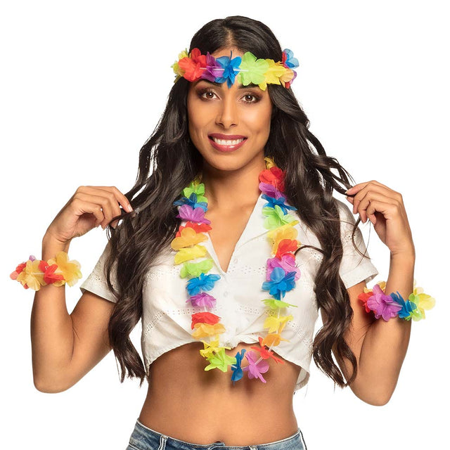 Boland hawaïset Rainbow (hoofdband, hawaïkrans en 2 armbanden)