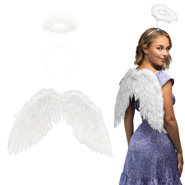 Boland set Engel wit (diadeem halo en vleugels)