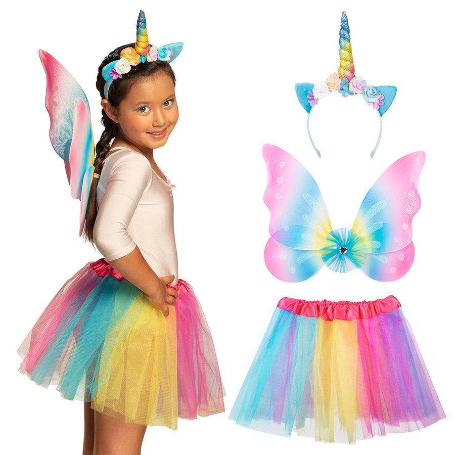 Boland set Eenhoornfee (diadeem, vleugels en tutu)