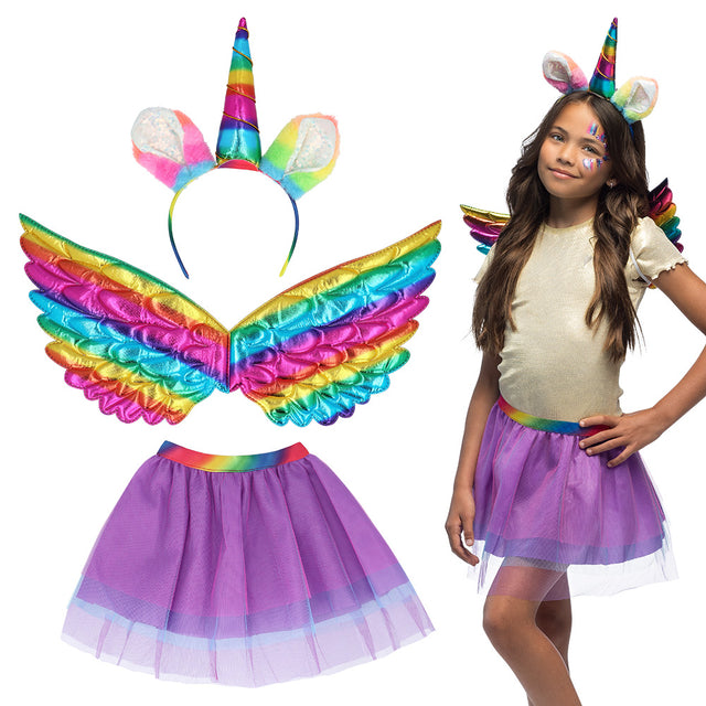 Boland set Eenhoorn regenboog (diadeem, vleugels en tutu)
