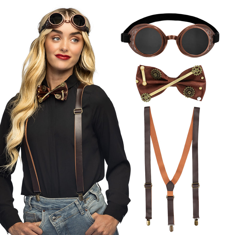 Boland accessoireset Steampunk (partybril, vlinderstrik en bretels)