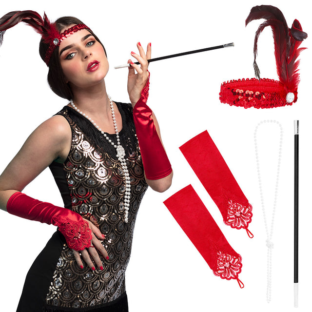 Boland set Flapper deluxe (hoofdband, ketting, 2 handschoenen en sigarettenhouder)
