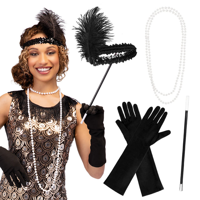 Boland set Gatsby (hoofdband, ketting, handschoenen en sigarettenhouder)