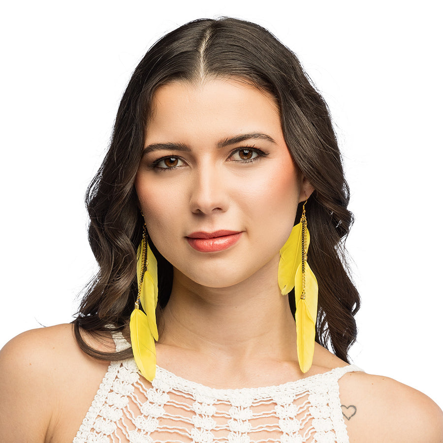Boland paar oorbellen Boho feathers geel