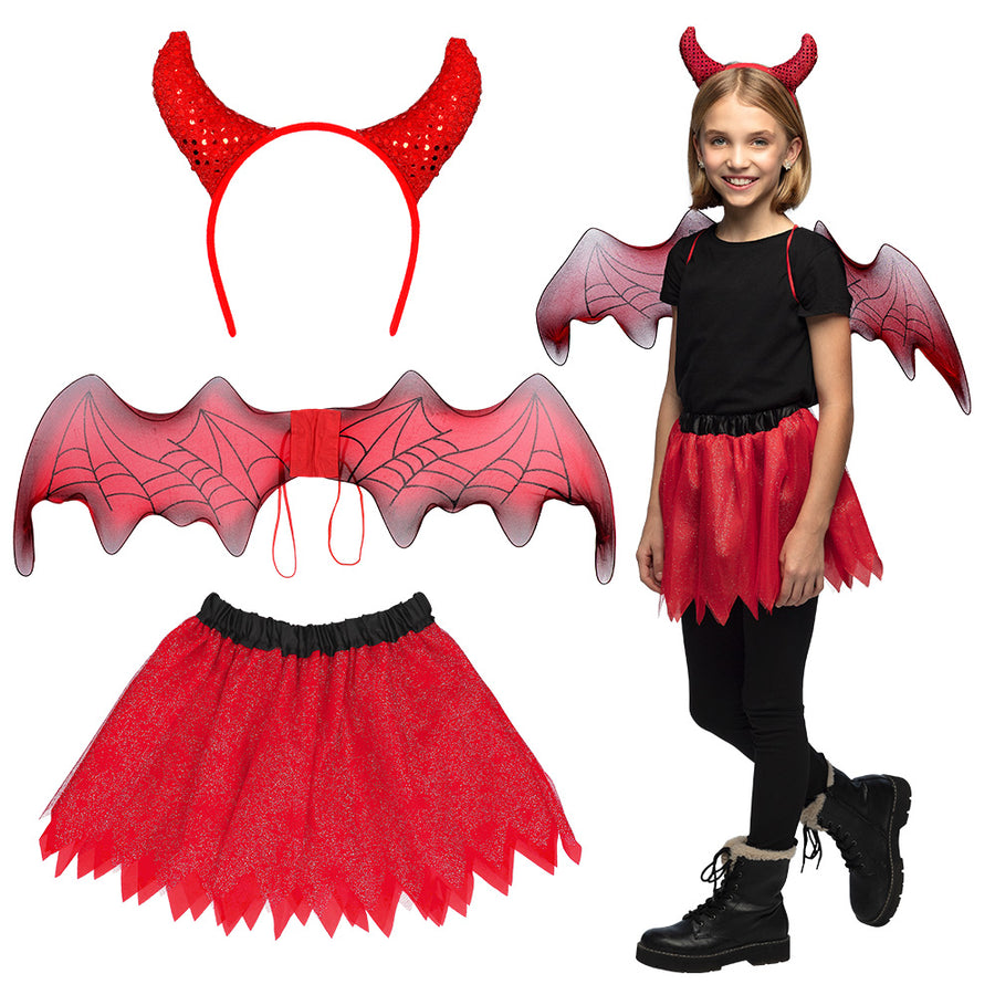 Boland set Duivel kind (hoorntjes, vleugels en tutu)